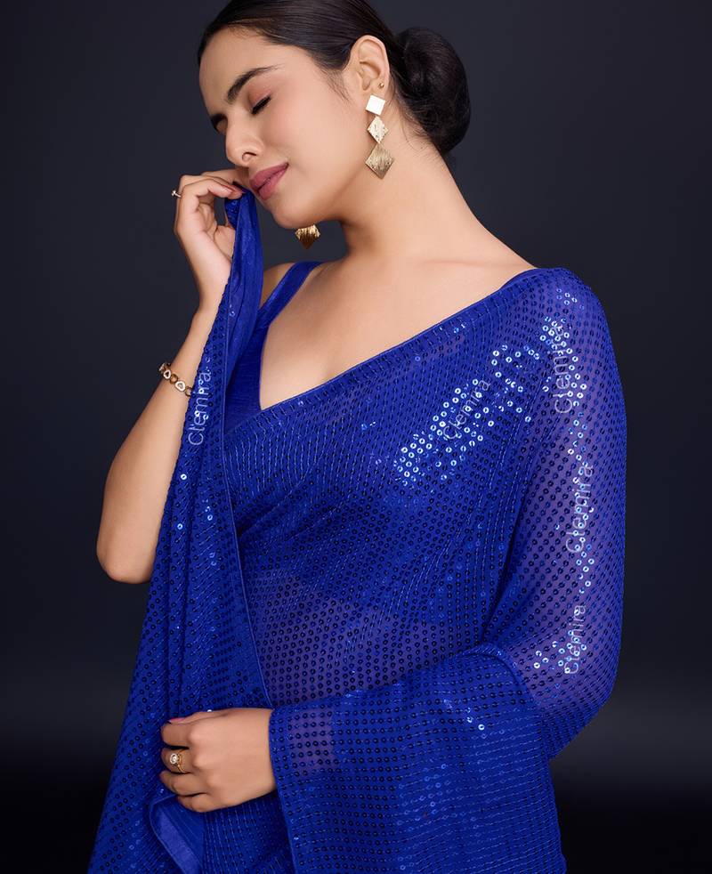 Embellished royal blue color  bollywood georgette saree with unstiched blouse
