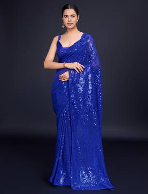 Embellished royal blue color  bollywood georgette saree with unstiched blouse 2