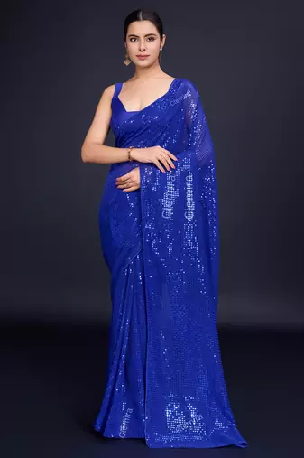 Embellished royal blue color  bollywood georgette saree with unstiched blouse