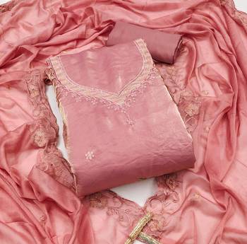 Women's baby pink unstitched embroiderd viscose fendy sattin dress material  1