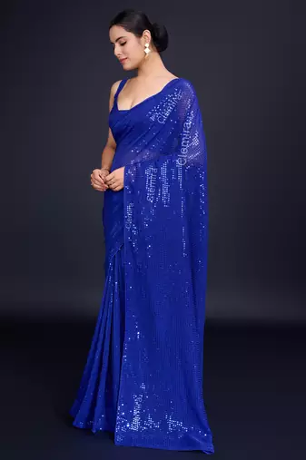 Embellished royal blue color  bollywood georgette saree with unstiched blouse