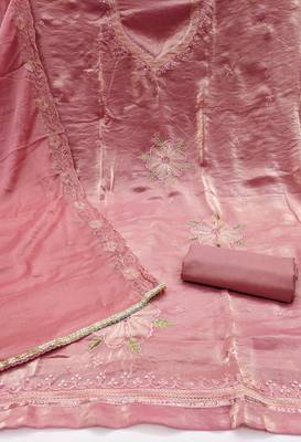 Women's baby pink unstitched embroiderd viscose fendy sattin dress material  2