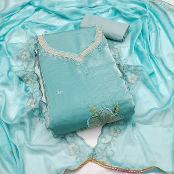 Women's sea green embroiderd viscose fendy sattin dress material 1