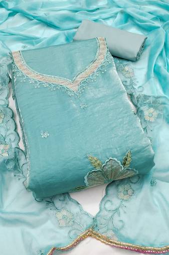Women's sea green unstitched embroiderd viscose fendy sattin dress material 