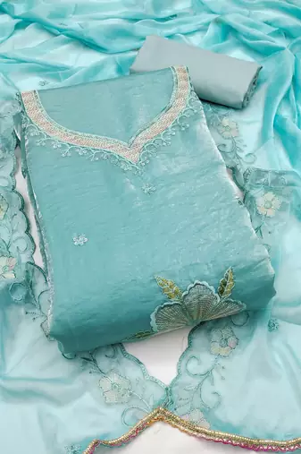 Women's sea green unstitched embroiderd viscose fendy sattin dress material 
