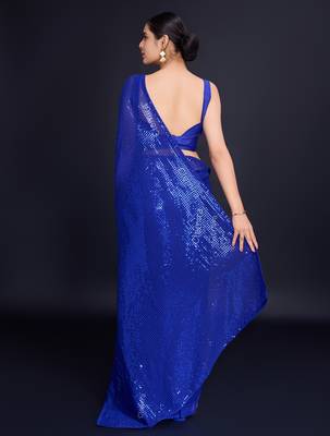 Embellished royal blue color  bollywood georgette saree with unstiched blouse 4