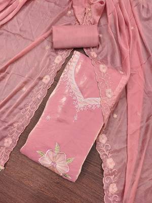 Women's baby pink unstitched embroiderd viscose fendy sattin dress material  3