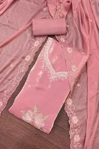 Women's baby pink unstitched embroiderd viscose fendy sattin dress material 