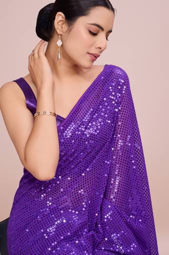Embellished violet color  bollywood georgette saree with unstiched blouse