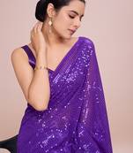 Embellished violet color  bollywood georgette saree with unstiched blouse