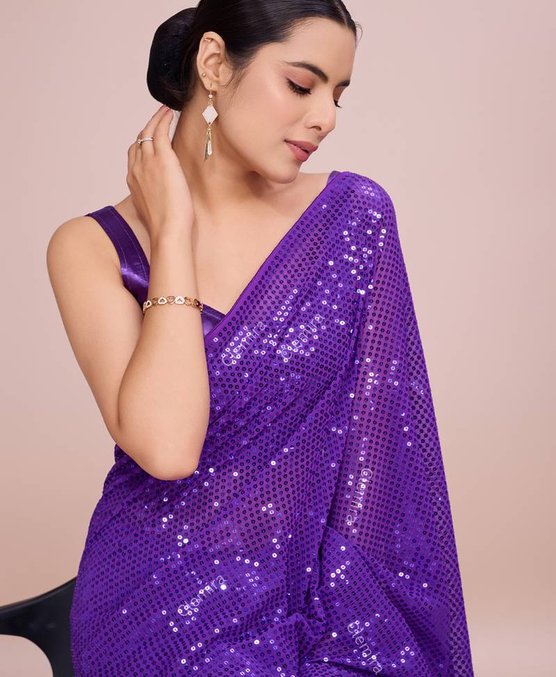 Embellished violet color  bollywood georgette saree with unstiched blouse