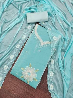 Women's sea green embroiderd viscose fendy sattin dress material 3
