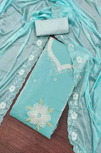 Women's sea green embroiderd viscose fendy sattin dress material