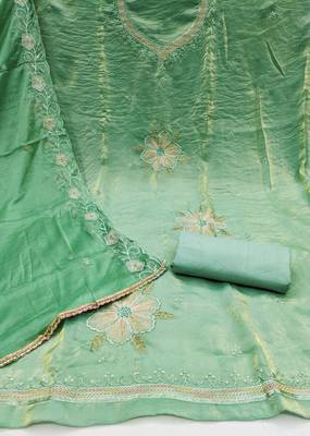 Women's light green embroiderd viscose fendy sattin dress material 2