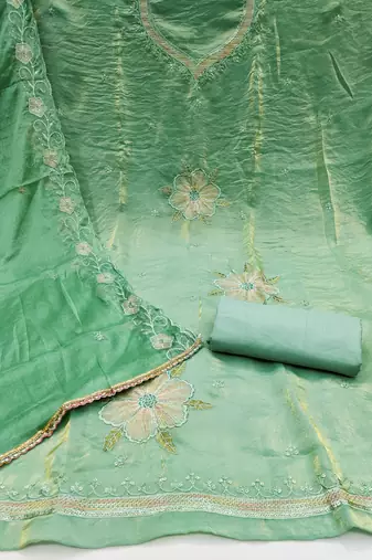 Women's light green embroiderd viscose fendy sattin dress material
