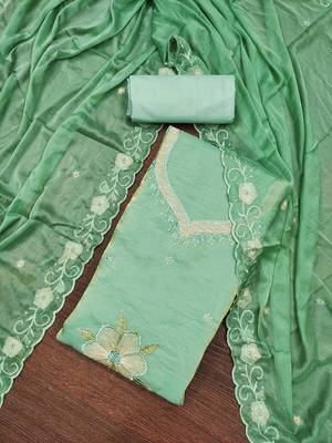 Women's light green embroiderd viscose fendy sattin dress material 3