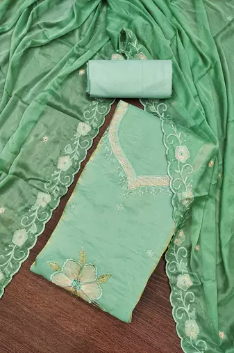 Women's light green embroiderd viscose fendy sattin dress material