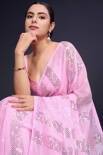 Embellished baby pink color  bollywood georgette saree with unstiched blouse
