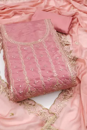 Women's baby pink unstitched embroiderd viscose fendy sattin dress material 