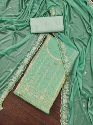 Women's light green embroiderd viscose fendy sattin dress material 3