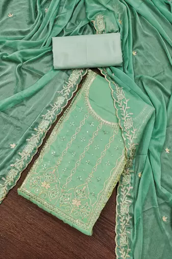 Women's light green embroiderd viscose fendy sattin dress material