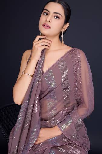 Embellished chocolate color  bollywood georgette saree with unstiched blouse