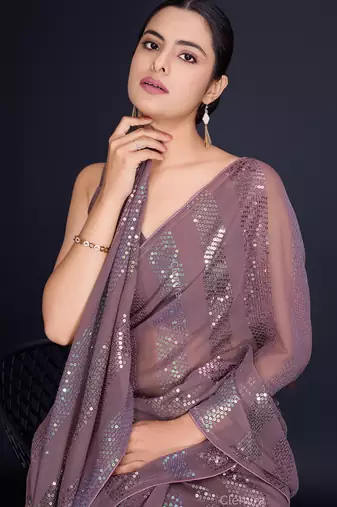 Embellished chocolate color  bollywood georgette saree with unstiched blouse