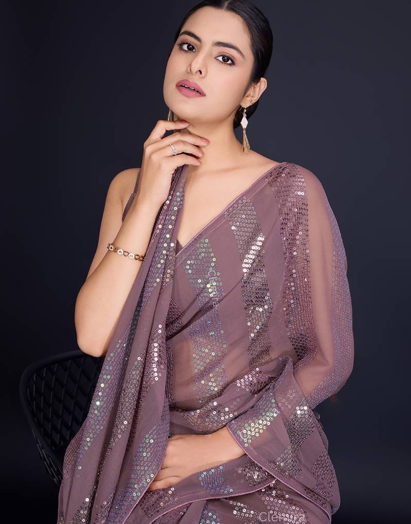 Embellished chocolate color  bollywood georgette saree with unstiched blouse