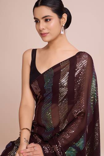 Embellished coffee color  bollywood georgette saree with unstiched blouse
