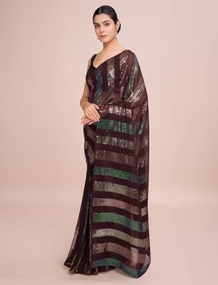 Embellished coffee color  bollywood georgette saree with unstiched blouse 2
