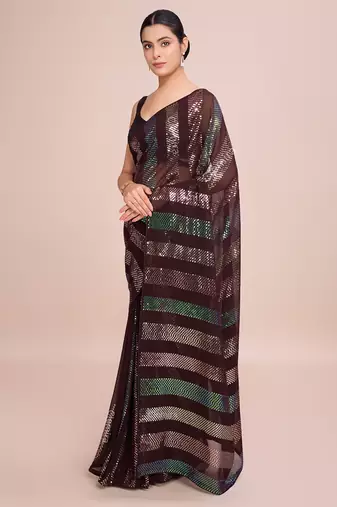 Embellished coffee color  bollywood georgette saree with unstiched blouse