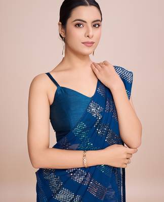 Embellished petrol blue color  bollywood georgette saree with unstiched blouse 1