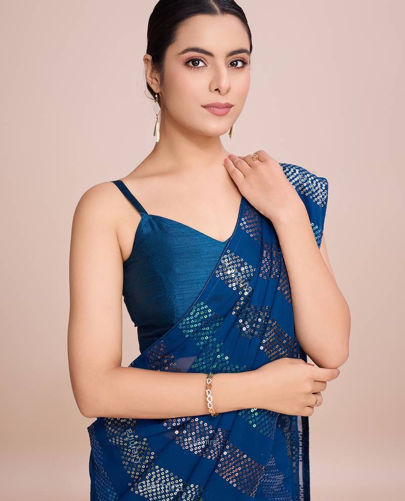 Embellished petrol blue color  bollywood georgette saree with unstiched blouse
