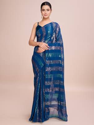 Embellished petrol blue color  bollywood georgette saree with unstiched blouse 2
