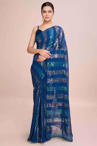 Embellished petrol blue color  bollywood georgette saree with unstiched blouse