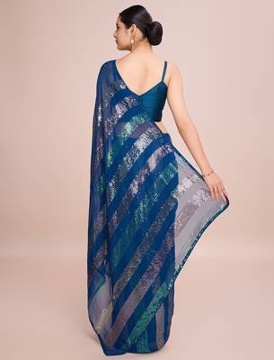 Embellished petrol blue color  bollywood georgette saree with unstiched blouse 4