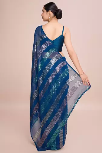 Embellished petrol blue color  bollywood georgette saree with unstiched blouse