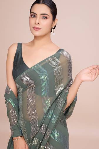 Embellished pista color  bollywood georgette saree with unstiched blouse
