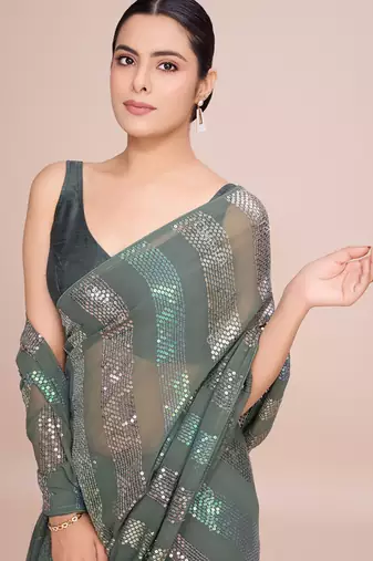 Embellished pista color  bollywood georgette saree with unstiched blouse