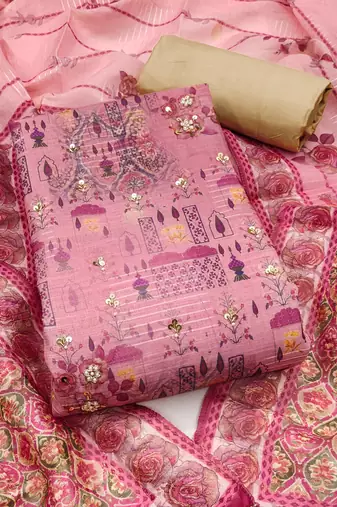 Women's pink unstitched printed viscose cotton banrasi dress material 