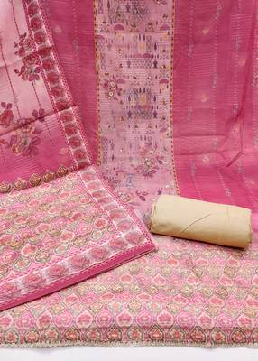 Women's pink printed viscose cotton banrasi dress material 2