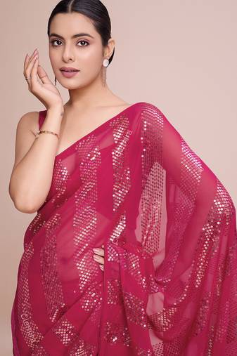 Embellished rose pink color  bollywood georgette saree with unstiched blouse