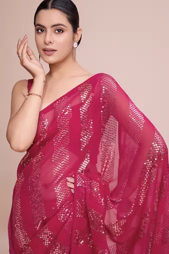 Embellished rose pink color  bollywood georgette saree with unstiched blouse