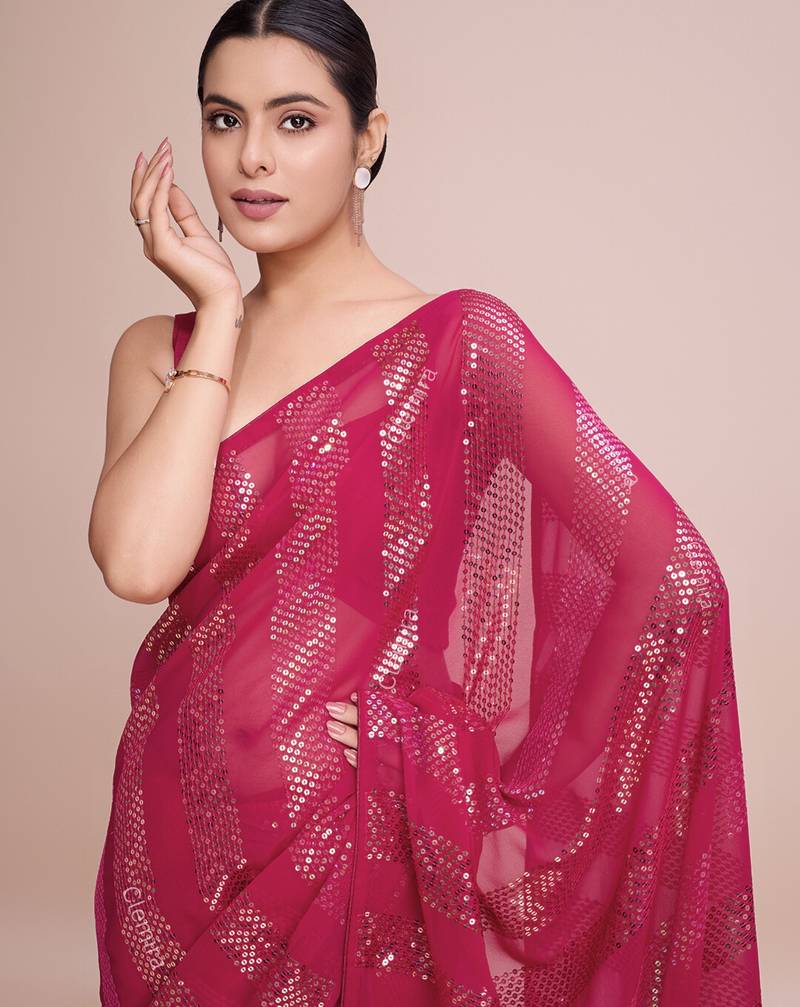 Embellished rose pink color  bollywood georgette saree with unstiched blouse