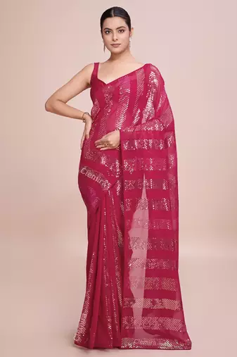 Embellished rose pink color  bollywood georgette saree with unstiched blouse