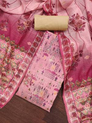 Women's pink printed viscose cotton banrasi dress material 3