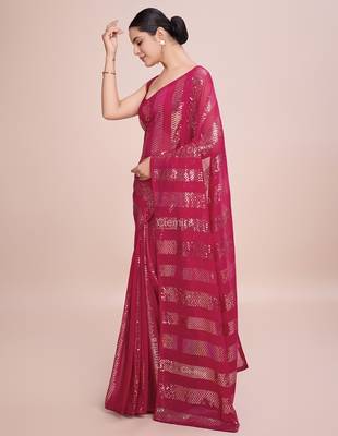 Embellished rose pink color  bollywood georgette saree with unstiched blouse 3