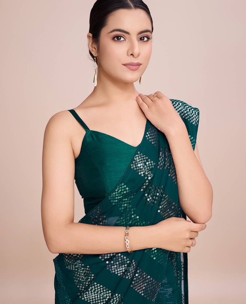 Embellished teal color  bollywood georgette saree with unstiched blouse