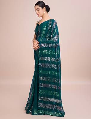 Embellished teal color  bollywood georgette saree with unstiched blouse 3