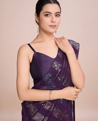 Embellished wine color  bollywood georgette saree with unstiched blouse 1